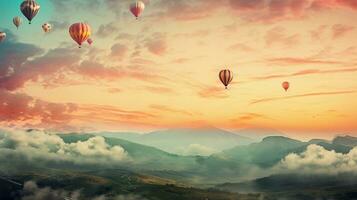 An imaginative scene of colorful balloons floating over a serene, textured landscape with rolling hills and a soft sunset glow. AI generated photo