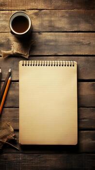 An arrangement of stationery essentials like notebooks, pencils, and a typewriter on a weathered wooden desk with space for text, against a textured burlap backdrop. AI generated photo