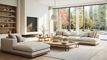 An inviting modern living room with an open-concept design, featuring clean lines, minimalist furniture, and large windows that flood the space with natural light. AI generated photo
