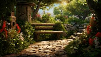An idyllic garden path leading to a hidden garden bench surrounded by lush greenery and vibrant flowers. The textured stone pathway adds character to the composition. AI generated photo