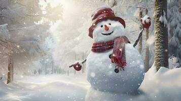A humorous winter scene with a mischievous snowman playing pranks, set against a textured snowy forest backdrop. AI generated photo
