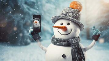 A funny snowman taking a selfie with a carrot nose, against a textured winter wonderland. AI generated photo