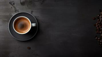 A black coffee cup filled with espresso against a textured blackboard background. The contrast between the cup and the backdrop creates a stylish canvas for your coffee-related text. AI generated photo