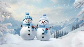 A charming winter scene with two amusing snowmen in quirky poses, positioned against a textured snow-covered hill. AI generated photo