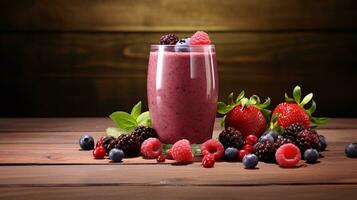 A delightful berry smoothie with a medley of fresh berries, set against a textured wooden surface. AI generated photo
