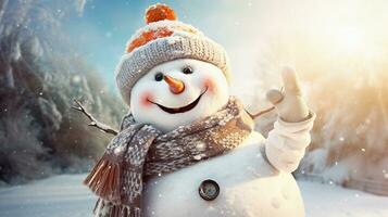 A funny snowman taking a selfie with a carrot nose, against a textured winter wonderland. AI generated photo