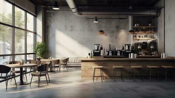 A modern and stylish coffee shop interior with sleek furniture, industrial lighting, and textured concrete walls. AI generated photo