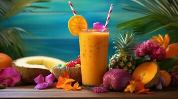 un refrescante tropical zalamero con vibrante colores y tropical frutas, servido en contra un texturizado bambú fondo. ai generado foto