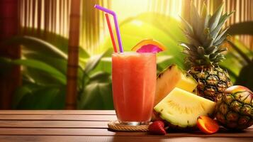 A refreshing tropical smoothie with vibrant colors and tropical fruits, served against a textured bamboo backdrop. AI generated photo