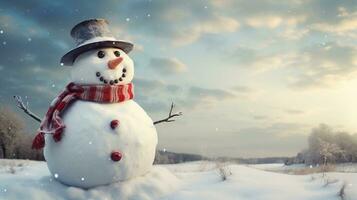 A whimsical scene of a funny snowman with a quirky expression, set against a textured snowy landscape. AI generated photo
