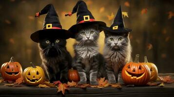 A trio of funny Halloween cats surrounded by candy corn, set against a textured autumnal background with falling leaves. AI generated photo