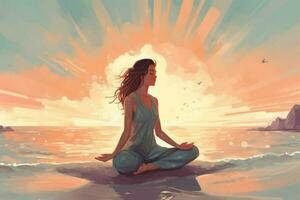 at the seashore a woman practices yoga illustrati photo