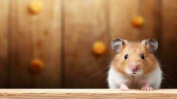 un de cerca Disparo de un adorable hámster con sus mullido las mejillas y bigotes, metido en contra un texturizado, rústico de madera fondo, con espacio para texto cercano. ai generado foto