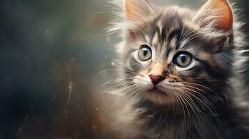 A close-up of a cute kitten's face with space for text, showcasing its whiskers and expressive eyes, against a textured background that complements its fur, with space for text. AI generated photo