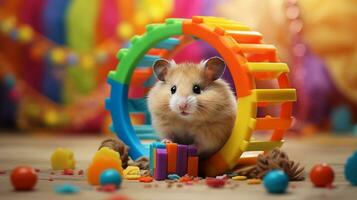 A composition of a cute hamster within its habitat with space for text, such as a colorful cage or exercise wheel, against a textured, vibrant backdrop. AI generated photo