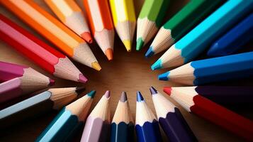 A composition of color pencils grouped by color families on a textured background and space for text, conveying harmony and organization. AI generated photo