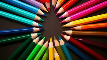 A composition of color pencils grouped by color families on a textured background and space for text, conveying harmony and organization. AI generated photo