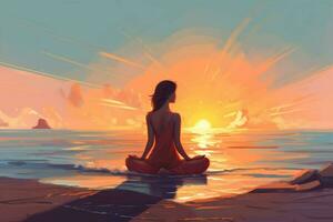 at the seashore a woman practices yoga illustrati photo