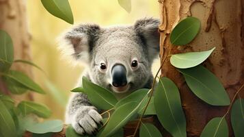 An adorable koala nestled among the eucalyptus leaves, with textured branches in the background, providing room for text integration. AI generated photo