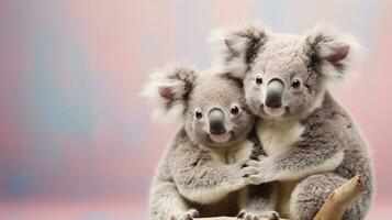 un imagen de dos linda koalas con espacio para texto, posiblemente en un cariñoso o juguetón interacción, en contra un suave pastel antecedentes. ai generado foto