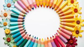 An overhead view of color pencils arranged in a circular pattern with colorful flowers in the center with space for text, symbolizing the blossoming of creative ideas. AI generated photo