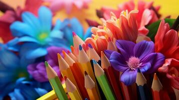 Color pencils forming a vibrant bouquet of colors amidst a garden of colorful flowers with space for text, creating a visually pleasing contrast of man-made and natural beauty. AI generated photo