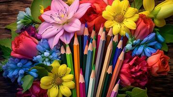 Color pencils forming a vibrant bouquet of colors amidst a garden of colorful flowers with space for text, creating a visually pleasing contrast of man-made and natural beauty. AI generated photo