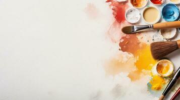 An overhead view of various watercolor brushes alongside mixing palettes with space for text, showcasing the tools essential to watercolor painting on a textured work surface. AI generated photo