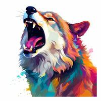 Illustration of a roaring wolf, pastel tetradic colors, cute and quirky, fantasy art, watercolor effect, white background. AI generated photo