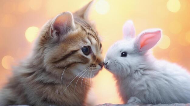A heartwarming scene of a rabbit and a cat together with space for text, side by side, against a soft pastel backdrop, leaving a designated area for text to celebrate their friendship. AI generated photo