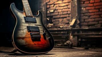 A close-up shot of an electric guitar's body and fretboard revealing its sleek design, set against a textured, urban-inspired backdrop, providing ample space for text. AI generated photo