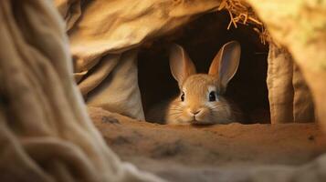 A charming scene of a cute rabbit nestled in a cozy burrow with space for text, with textured earthy tones in the background. AI generated photo