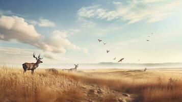A captivating shot of wildlife in their natural prairie habitat with space for text, allowing for text to provide insight into the diverse ecosystem of the prairie. AI generated photo