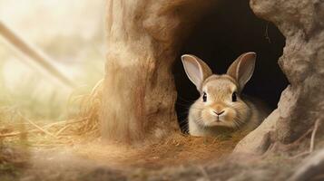 A charming scene of a cute rabbit nestled in a cozy burrow with space for text, with textured earthy tones in the background. AI generated photo