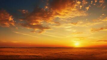 un pintoresco puesta de sol escena terminado un tranquilo pradera con espacio para texto, con cálido, dorado matices, dejando habitación para texto a describir el serenidad de el momento. ai generado foto