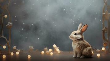 An enchanting scene of a rabbit appearing lost in thought with space for text, set against a textured, dreamy backdrop that complements its whimsical charm. AI generated photo