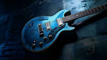 An image of an electric guitar in a moody, bluesy ambiance, with textured lighting and background that capture the essence of blues music, and designated areas for text. AI generated photo