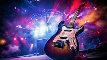An enchanting scene of an electric guitar bathed in colorful stage lights, set against a textured, dynamic background, conveying the energy of a live performance, with space for text. AI generated photo