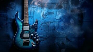 An image of an electric guitar in a moody, bluesy ambiance, with textured lighting and background that capture the essence of blues music, and designated areas for text. AI generated photo