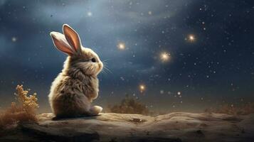 An enchanting scene of a rabbit appearing lost in thought with space for text, set against a textured, dreamy backdrop that complements its whimsical charm. AI generated photo