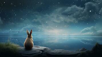 An enchanting scene of a rabbit appearing lost in thought with space for text, set against a textured, dreamy backdrop that complements its whimsical charm. AI generated photo