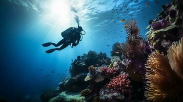 An image of a diver exploring a vibrant underwater world with space for text, surrounded by colorful coral formations and curious sea life. AI generated photo