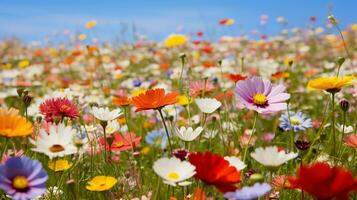 An image of a prairie covered in a colorful carpet of wildflowers with space for text, creating a vibrant scene with a designated area for text to enhance the floral display. AI generated photo