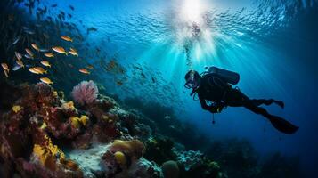 An image of a diver exploring a vibrant underwater world with space for text, surrounded by colorful coral formations and curious sea life. AI generated photo