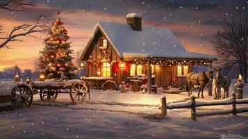 A charming countryside landscape adorned with Christmas lights and decorations, creating a cozy and nostalgic scene. AI generated photo