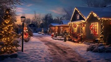 A charming countryside landscape adorned with Christmas lights and decorations, creating a cozy and nostalgic scene. AI generated photo