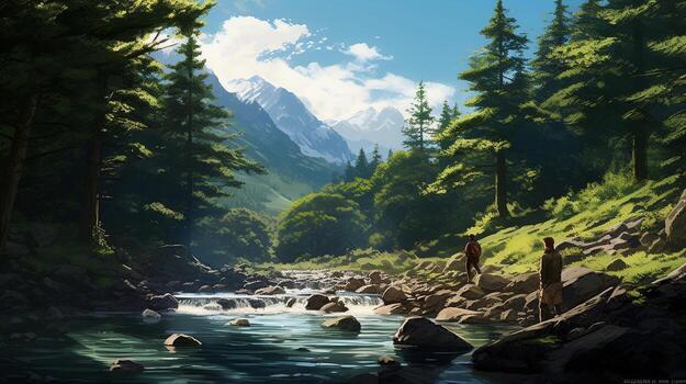 un pacífico escena de caminantes descansando junto a un claro como el cristal montaña arroyo, con imponente arboles y un sereno ambiente, con espacio para texto a evocar el tranquilidad de el momento. ai generado foto