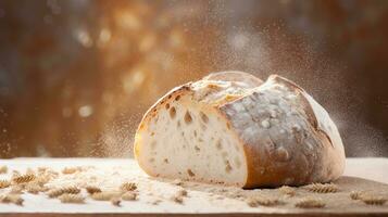 A photograph highlighting the golden crust of freshly baked bread against a textured, flour-dusted backdrop, providing an opportunity for text to emphasize the delight of each bite. AI generated photo