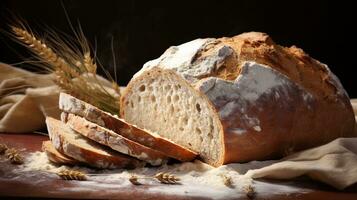 A photograph highlighting the golden crust of freshly baked bread against a textured, flour-dusted backdrop, providing an opportunity for text to emphasize the delight of each bite. AI generated photo