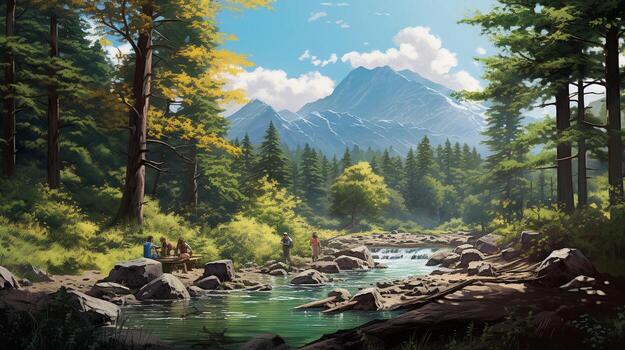 un pacífico escena de caminantes descansando junto a un claro como el cristal montaña arroyo, con imponente arboles y un sereno ambiente, con espacio para texto a evocar el tranquilidad de el momento. ai generado foto
